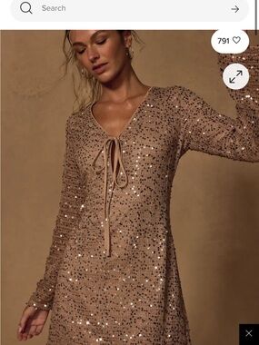Lulu's Champagne Sequin Long Sleeve Midi Dress